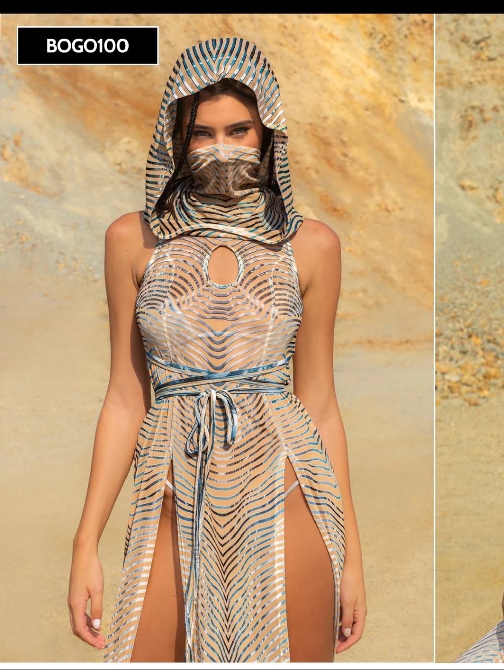 Badkinka Sheer Striped Hooded Rave Dress w Face Cover - Nude & White/Grey/Blue